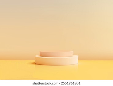 3D circular yellow podiums on a smooth yellow gradient floor and wall. Minimal design, product displays, mockups, and elegant showcases in a warm and vibrant style