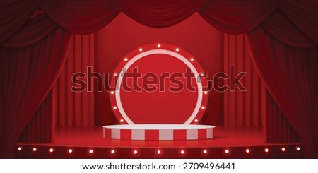3d circus podium stage striped round platform placed in front of red draped curtains. Circle pedestal platform with light bulb ring. Circus show, theater, casino and party glowing podium stand