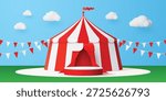 3d circus vector podium stage with striped big top tent, pennant garland flags and cloud on blue sky. Carnival promotion, amusement park, entertainment podium circus stand or festive marquee tent