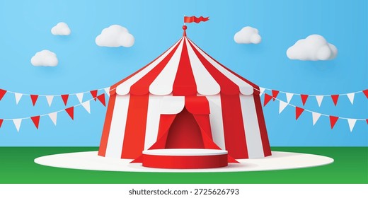 Etapa del podio del Vector del circo 3D con la tienda superior grande rayada, banderas de la guirnalda del banderín y nube en el cielo azul. Promoción del carnaval, parque de atracciones, soporte del circo del podio del entretenimiento o tienda festiva de la carpa