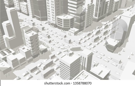 3d city buildings background street In light gray tones. Road Intersection. High detail city projection view. Cars end buildings top view. Vector illustration. Horizontal rectangular banner format.