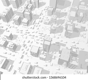 3d city buildings background street In light gray tones. Road Intersection traffic jam. High detail city view. Cars end cityscape top view. Vector illustration.