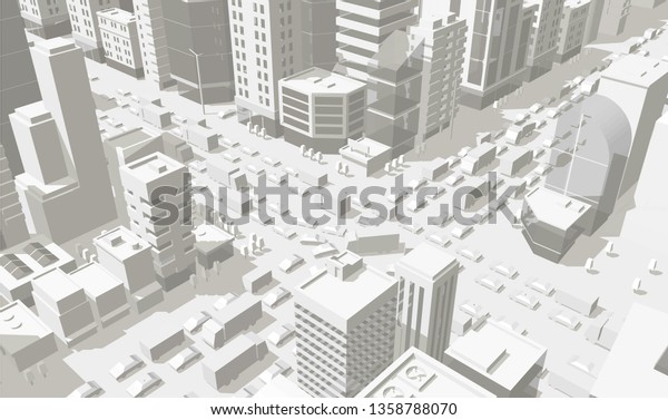3d city buildings background street In light gray\
tones. Road Intersection. High detail city projection view. Cars\
end buildings top view. Vector illustration. Horizontal rectangular\
banner format.