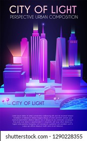 3D City Concept. Urban Background with Skyscrappers. Perspective Scene. Night Lights Design. Vector illustration