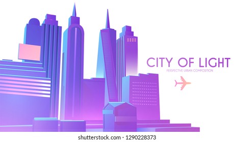 3D City Concept. Urban Background with Skyscrappers. Perspective Scene. Vector illustration