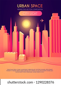 3D City Concept. Urban Background with Skyscrappers. Perspective Scene. Vector illustration