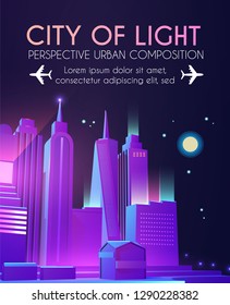 3D City Concept. Urban Background with Skyscrappers. Perspective Scene. Night Lights Design. Vector illustration