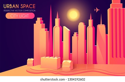 3D City Concept. Urban Background with Skyscrappers. Perspective Scene. Vector illustration