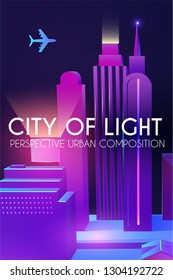 3D City Concept. Urban Background with Skyscrappers. Perspective Scene. Night Lights Design. Vector illustration