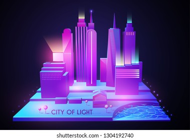 3D City Concept. Urban Background with Skyscrappers. Perspective Scene. Night Lights Design. Vector illustration