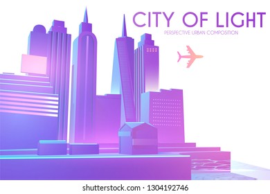 3D City Concept. Urban Background with Skyscrappers. Perspective Scene. Vector illustration