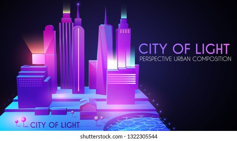 3D City Concept. Urban Background with Skyscrappers. Perspective Scene. Night Lights Design. Vector illustration