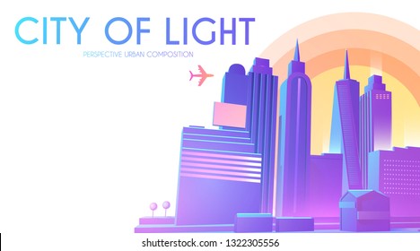 3D City Concept. Urban Background with Skyscrappers. Perspective Scene. Vector illustration