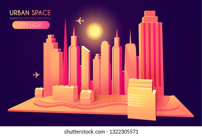 3D City Concept. Urban Background with Skyscrappers. Perspective Scene. Vector illustration