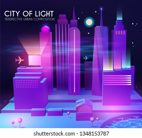 3D City Concept. Urban Background with Skyscrappers. Perspective Scene. Night Lights Design. Vector illustration