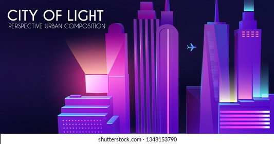 3D City Concept. Urban Background with Skyscrappers. Perspective Scene. Night Lights Design. Vector illustration