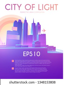 3D City Concept. Urban Background with Skyscrappers. Perspective Scene. Vector illustration