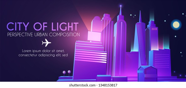 3D City Concept. Urban Background with Skyscrappers. Perspective Scene. Night Lights Design. Vector illustration