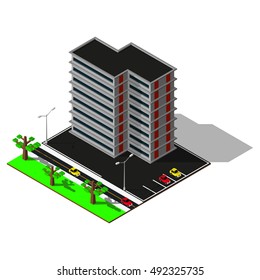 3d city map. Isometric building with parking illustration. Isometric elements.