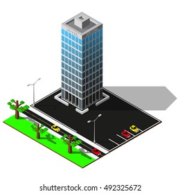 3d city map. Isometric hotel with parking illustration. Isometric building.