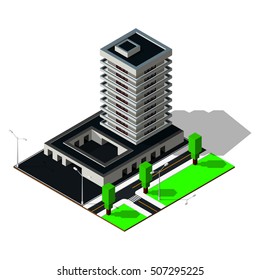 3d city map. Isometric hotel with courtyard includes road, crossroad, trees, street lamps. Isometric building illustration.
