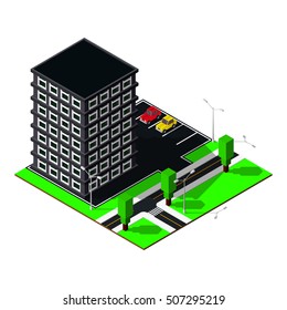 3d city map. Modern isometric house includes parking, roads, crossroad, trees, cars and street lamps. Isometric elements.