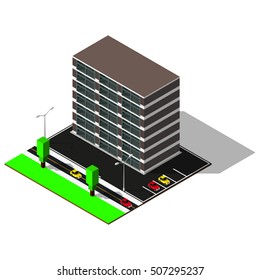 3d city map. Modern isometric house includes parking, roads, crossroad, trees, cars and street lamps. Isometric elements.
