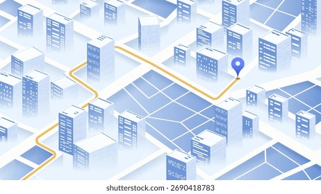 Navegación 3D del mapa de la ciudad con ruta y pin de ubicación en estilo isométrico moderno. Concepto de seguimiento GPS y tecnología de navegación urbana. Ilustración vectorial.