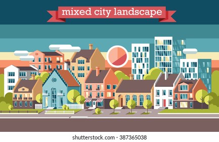 Paisaje arquitectónico mixto en 3D ciudad. Ilustración del vector