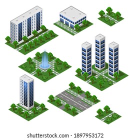 3D City modern buildings. Isometric city modules isolated, street, business and office buildings, houses, outdoor park, Vector set for urban cityscapes and metropolis scenes background. Flat style