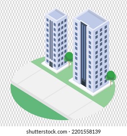 3d City On White Blue Design Street Town Buildings Modern Urban House And Skyscrapers. Vector Isometric Illustration Of Flat Style. Isometric 3D Cityscape View Of The Top Of The House And Street Trees