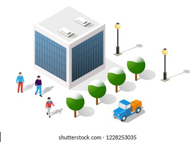3d city on white design street town buildings modern urban house and skyscrapers. Vector isometric illustration of flat style for concept business background.