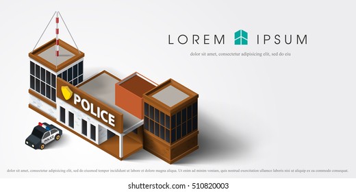 3d City police station department isometric  building with police car in flat style isolated on white background vector illustration