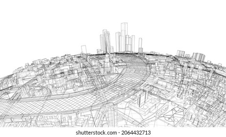 3d City Sphere. Vector Rendering Of 3d. Wire-frame Style. The Layers Of Visible And Invisible Lines Are Separated