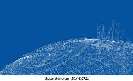 3d city sphere. Vector rendering of 3d. Wire-frame style. The layers of visible and invisible lines are separated