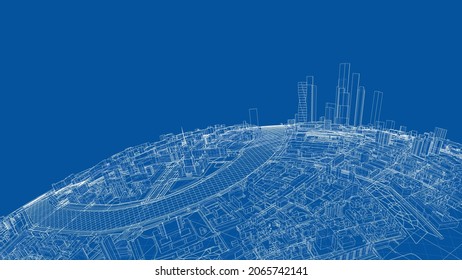 3d city sphere. Vector rendering of 3d. Wire-frame style. The layers of visible and invisible lines are separated