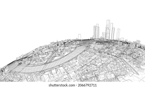3d city sphere. Vector rendering of 3d. Wire-frame style. The layers of visible and invisible lines are separated
