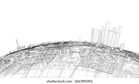 3d city sphere. Vector rendering of 3d. Wire-frame style. The layers of visible and invisible lines are separated