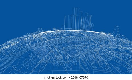 3d city sphere. Vector rendering of 3d. Wire-frame style. The layers of visible and invisible lines are separated