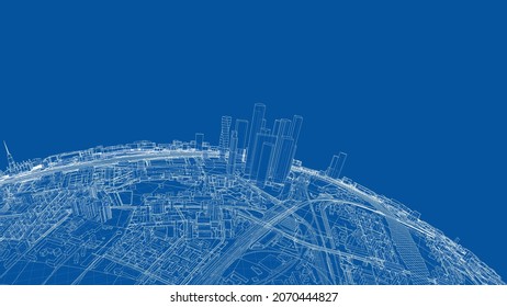 3d city sphere. Vector rendering of 3d. Wire-frame style. The layers of visible and invisible lines are separated