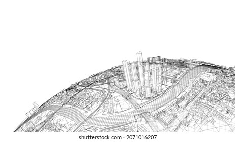 3d city sphere. Vector rendering of 3d. Wire-frame style. The layers of visible and invisible lines are separated