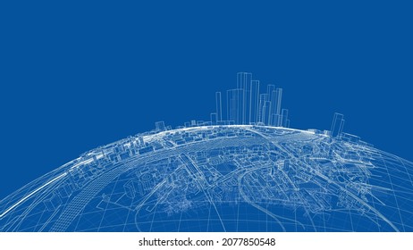 3d city sphere. Vector rendering of 3d. Wire-frame style. The layers of visible and invisible lines are separated