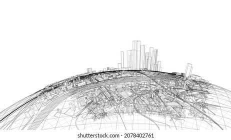 3d city sphere. Vector rendering of 3d. Wire-frame style. The layers of visible and invisible lines are separated