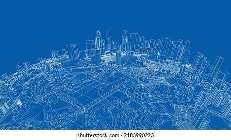 3d city sphere. Vector rendering of 3d. Wire-frame style. The layers of visible and invisible lines are separated