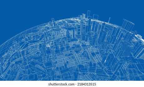 3.ª esfera de la ciudad. Representación vectorial de 3d. Estilo de marco de cables. Las capas de líneas visibles e invisibles están separadas