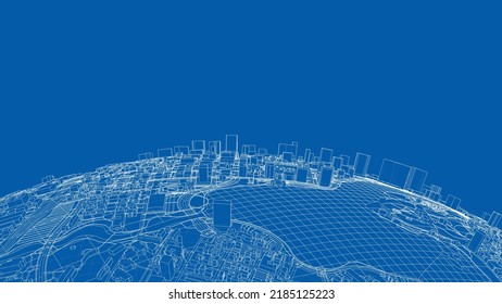 3d city sphere. Vector rendering of 3d. Wire-frame style. The layers of visible and invisible lines are separated