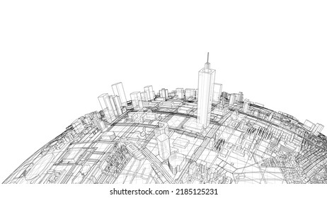 3d city sphere. Vector rendering of 3d. Wire-frame style. The layers of visible and invisible lines are separated