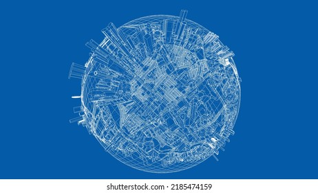 3d city sphere. Vector rendering of 3d. Wire-frame style. The layers of visible and invisible lines are separated