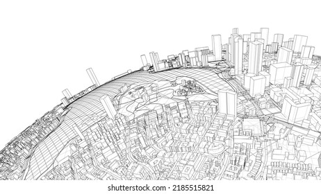 3d city sphere. Vector rendering of 3d. Wire-frame style. The layers of visible and invisible lines are separated