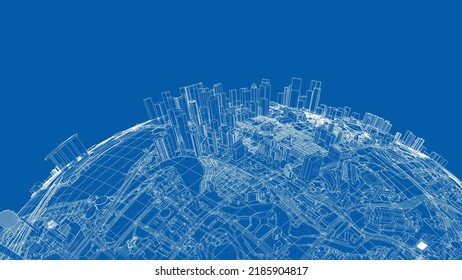 3d city sphere. Vector rendering of 3d. Wire-frame style. The layers of visible and invisible lines are separated